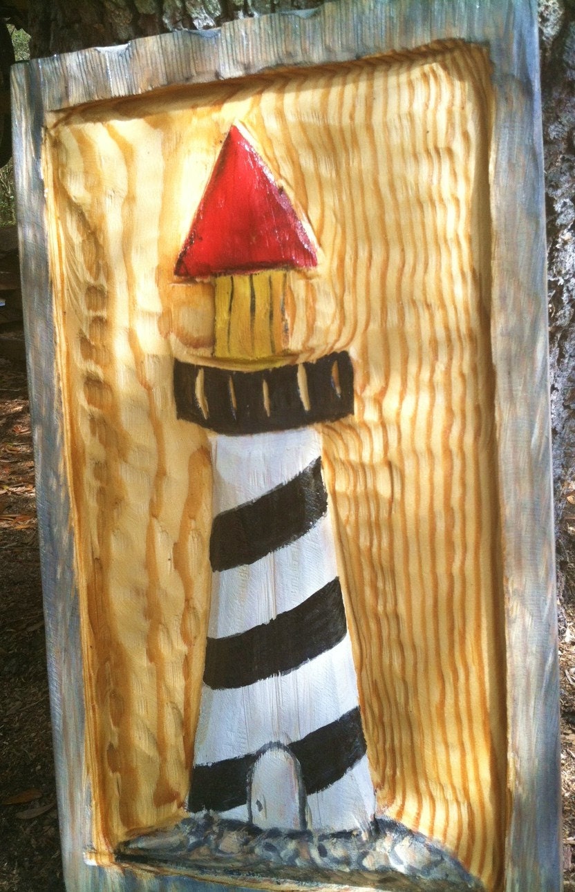 Lighthouse sculpture 20"x 11" chainsaw wood relief carved nautical coastal living decor  wall art indoor/outdoor display maritime carving