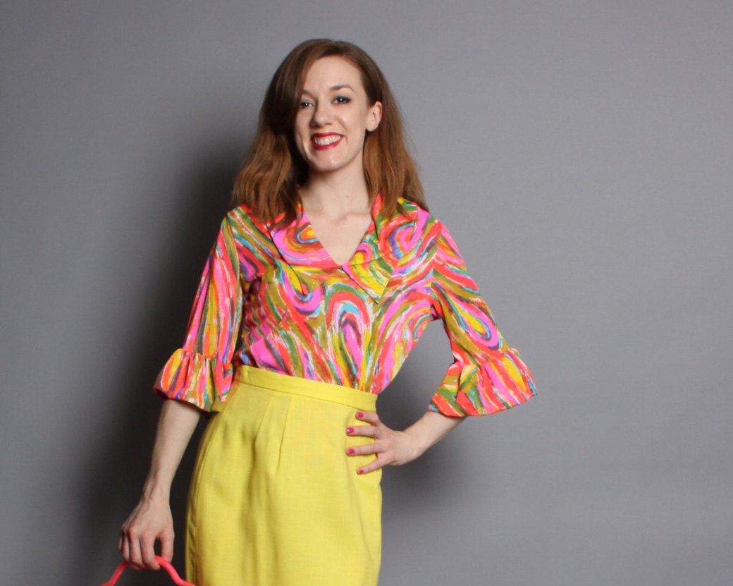 1960s Psychedelic BLOUSE / Bright Rainbow Watercolor Swirl / Ruffle Cuffs, s - m