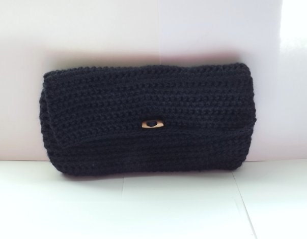 Handmade Crocheted Navy Blue Clutch with Wood Button