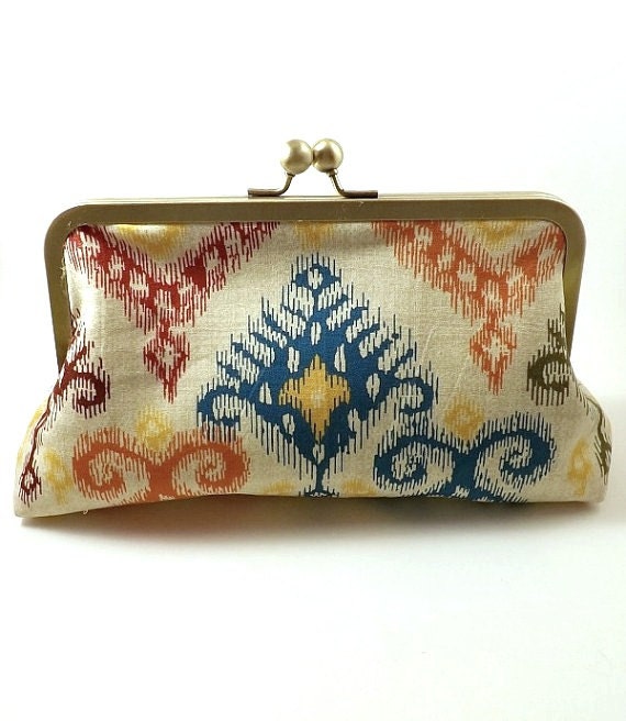 SALE/Ready to Ship/ Blue and Red Ikat Clutch Antique Brass Frame Clutch/Women/Gift Idea
