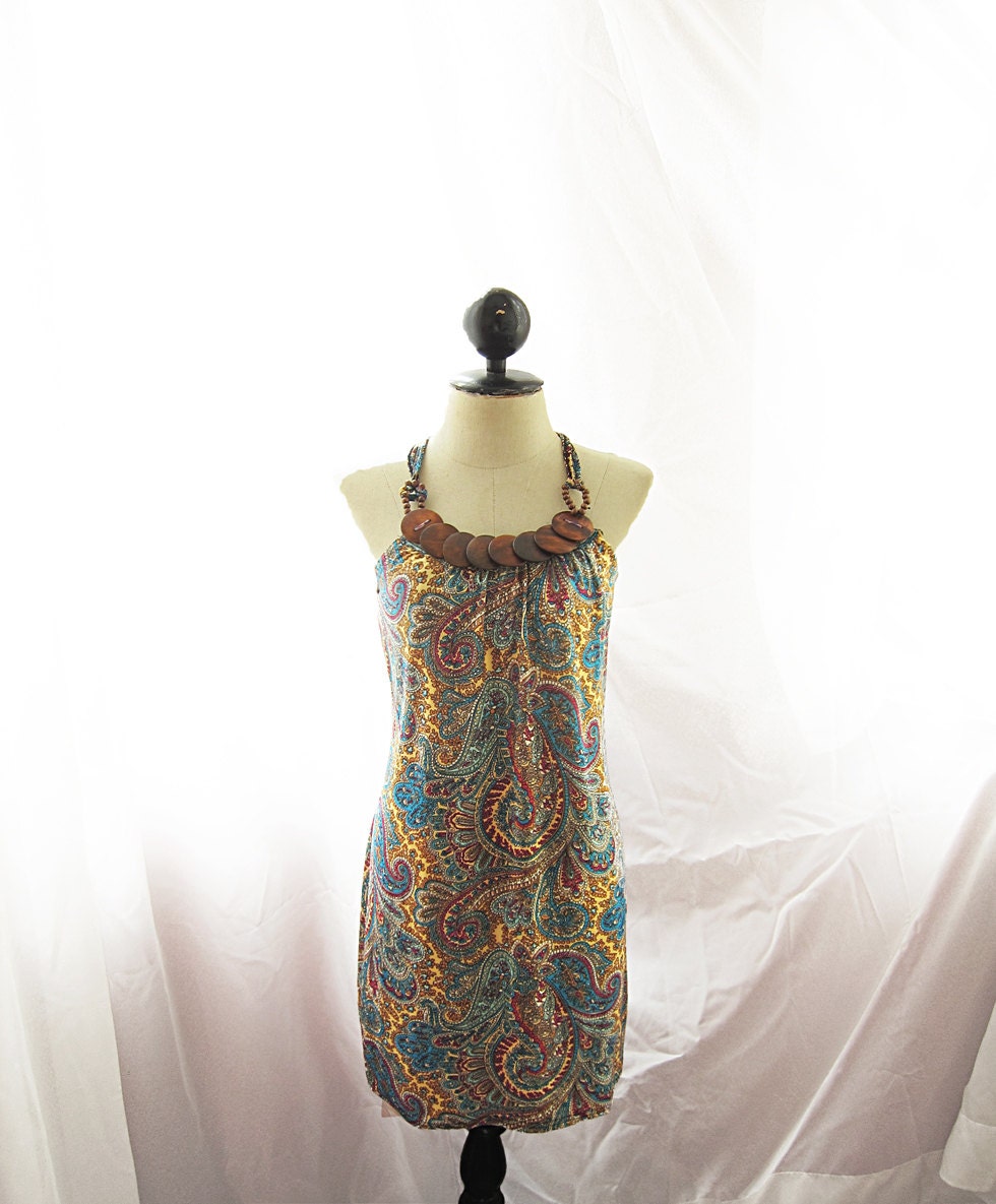 Exotic African Indie Paisley Egyptian Greek Moroccan Wooden Beads Bohemian Hippie Spring Summer Gypsy Peasant Happy Aztec Long Tunic Dress