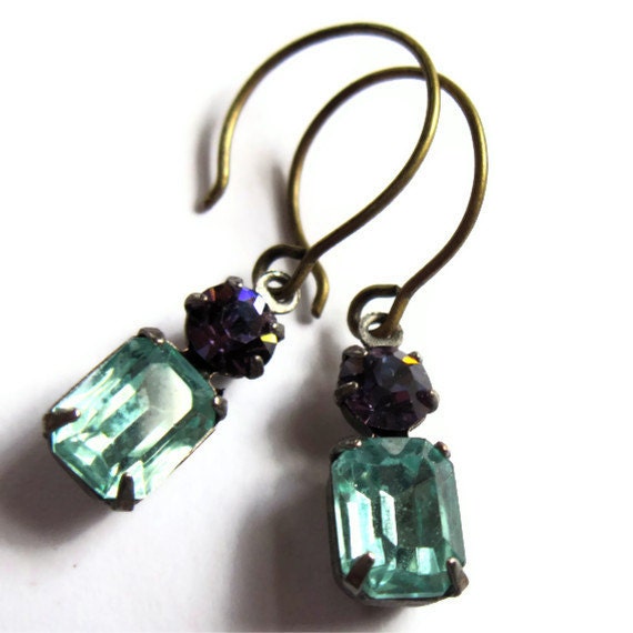 Vintage Style Light Aqua Earrings Amethyst Glass Dangles Jewelry