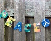 Letter Garland, fabric letters, Peace banner, recycled art, wall hanging Il_170x135