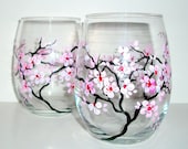 Spring Wedding Cherry Blossoms Handpainted Stemless Wine Glasses Set of 2 / 20 oz. Wedding,Anniversary,Gift / Made to Order