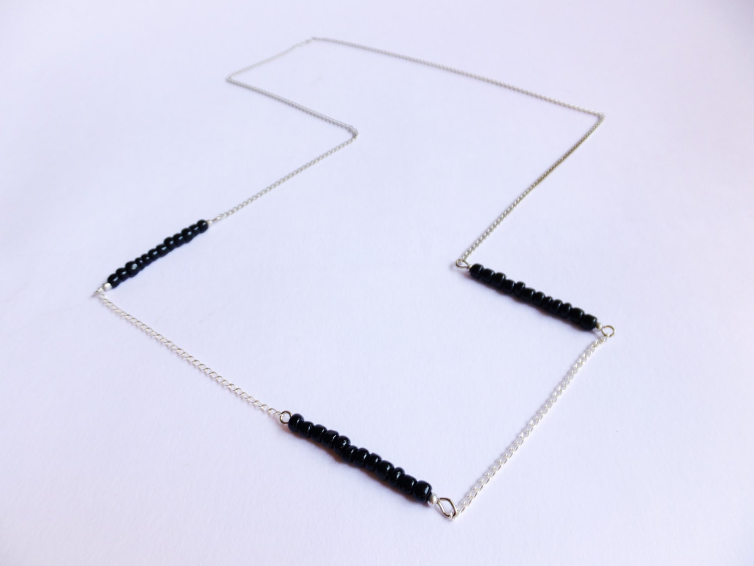 Black Beaded Geometric Necklace, Handmade, Minimal, Abacus, Silver Chain