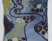 Blue Road with circles, felted wool wall art.