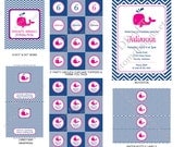 DIY -  Printable: Chevron Whale Birthday Party Set -  15 items (invitation, party circles, water bottle labels, banner and more)