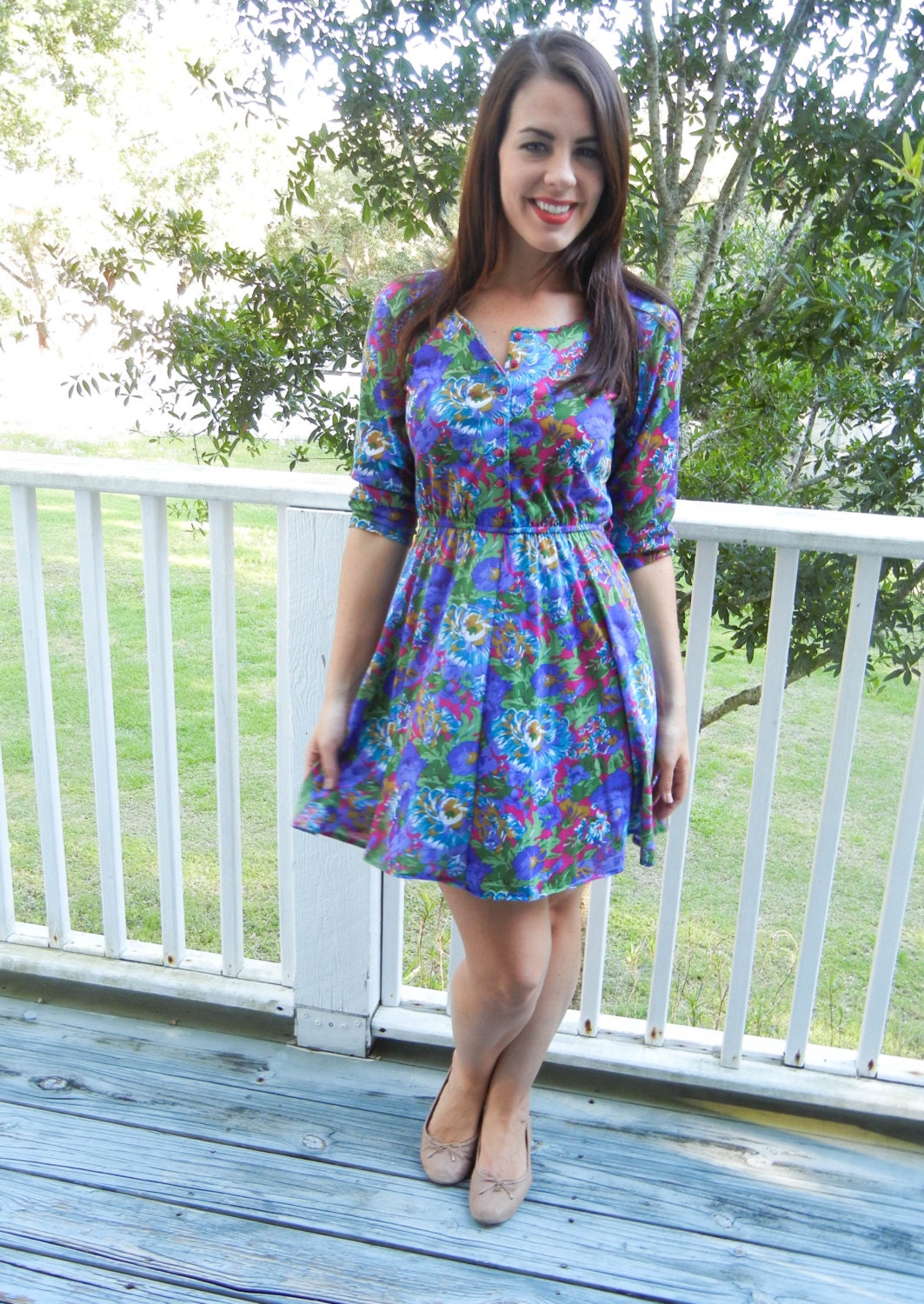 1980's Bright Floral Print Cotton Dress Rehashed Vintage