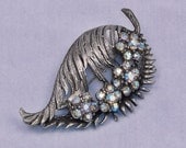 Vintage Rhinestone Brooch Gun Metal Grey Leaf 1960s