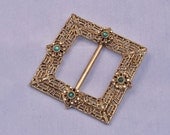 Square Vintage Brooch Green Flowers on Filigree 1960s