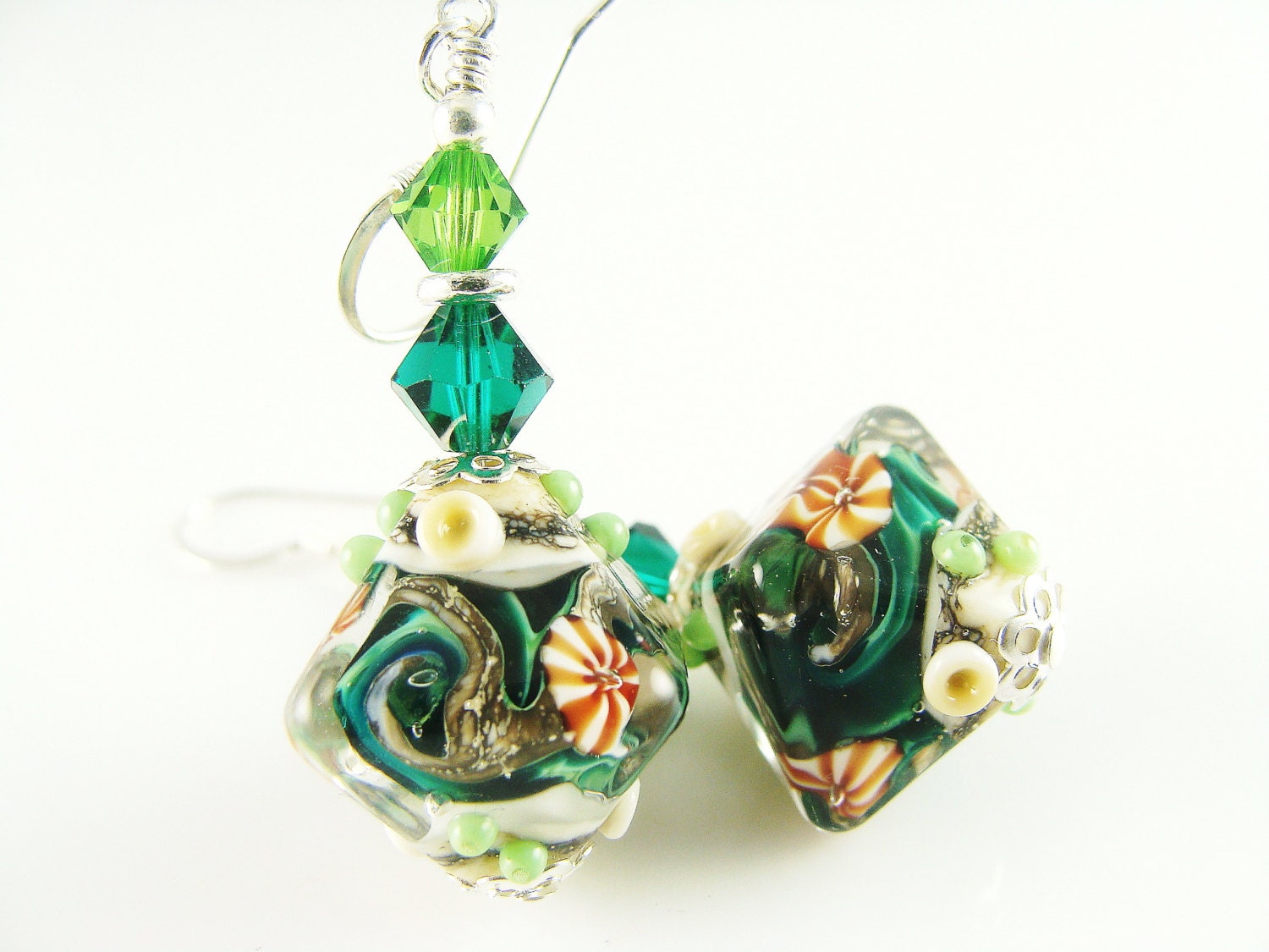 Lampwork Earrings, Glass Bead Earrings, Green Seashell Earrings, Beadwork Earrings, Ocean Dangle Earrings, Lampwork Jewelry, Beach Earrings