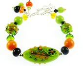 Lampwork Bracelet, Glass Bead Bracelet, Colorful Lampwork Jewelry, Green Orange Flower Bracelet, Glass Bead Jewelry, Beadwork Bracelet