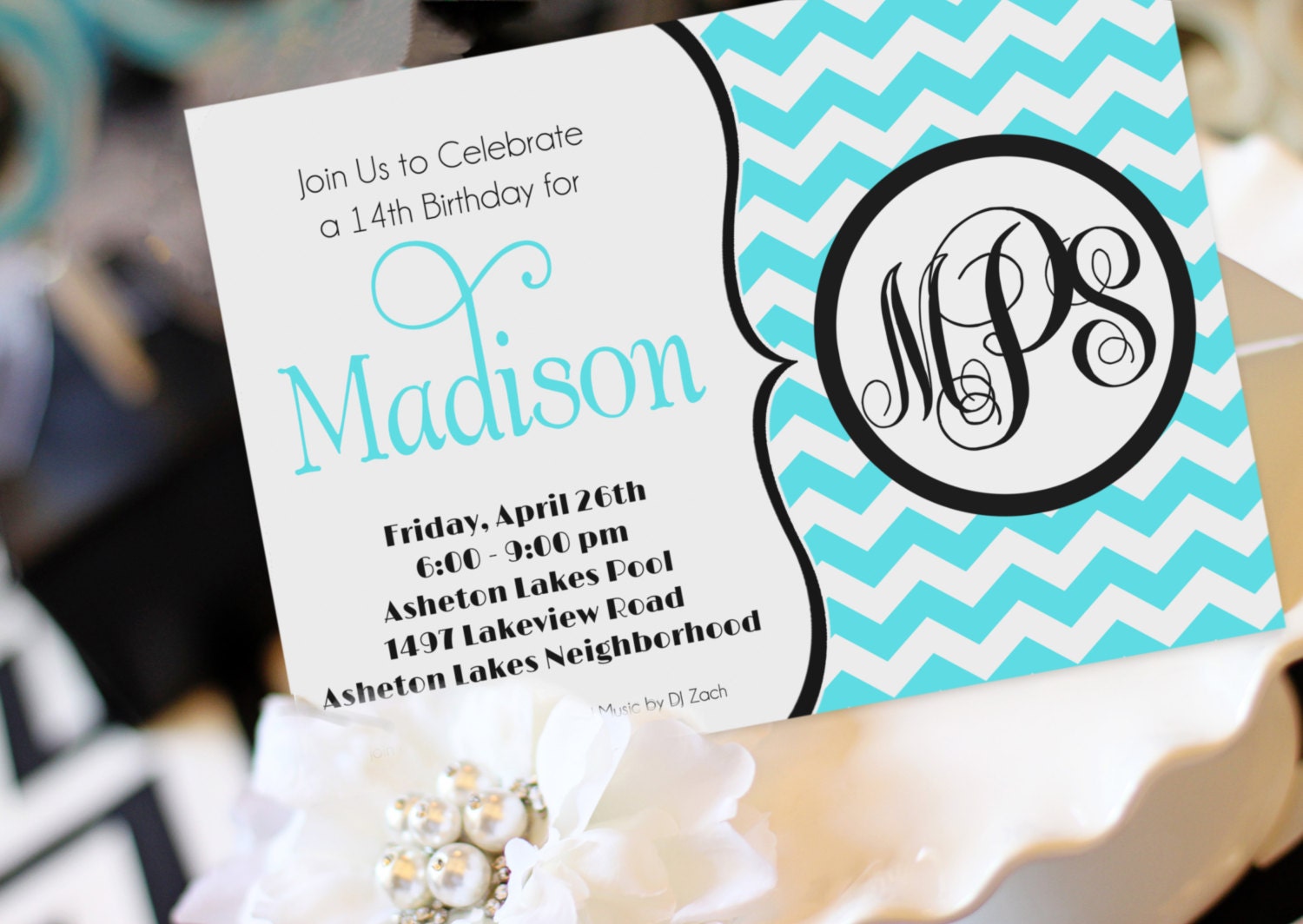 Monogram Party Invitation - Birthday Invitation- Girl birthday - Teen Birthday - Glam - Chevron - by Amanda's Parties TO GO