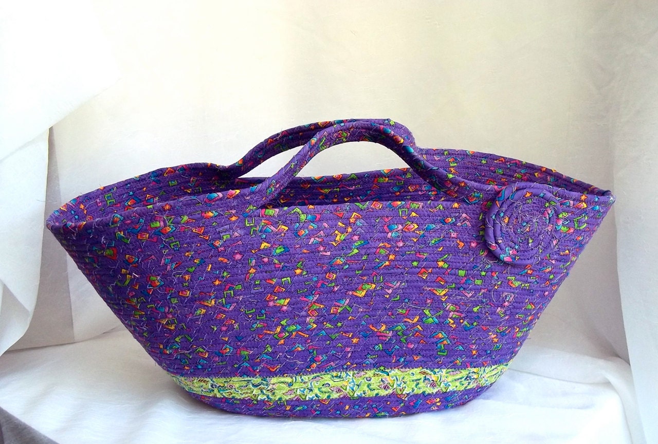 Fabric Basket Hamper, Handmade Coiled Basket, Lovely Lavender Fabric Hamper, Storage Organizer, Hamper