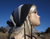Men's Navy Blue Slouchy Beanie Mens / Ladies Striped Hat Indigo Gray  Cotton  A908