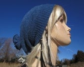 Winter Hat / Snood Beanie Big Loose Lambswool Slouchy Knit Sky Blue Wool Tam A879