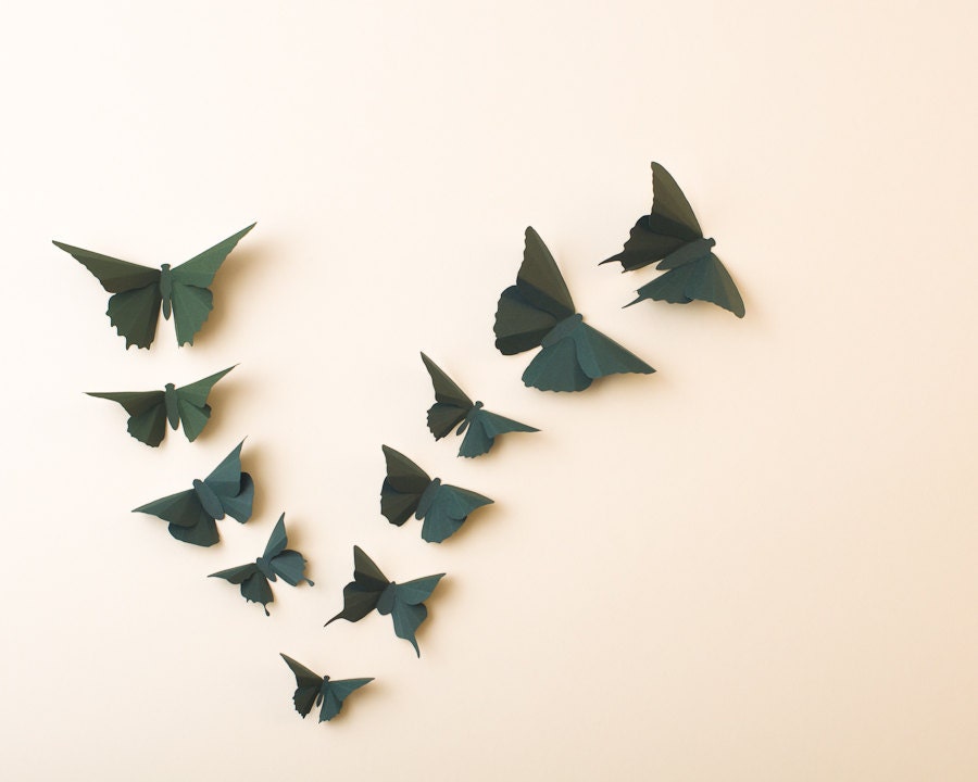 3D Wall Butterflies, 20 Pine Green Butterfly Silhouettes for Girls Room, Nursery, and Home Art Decor