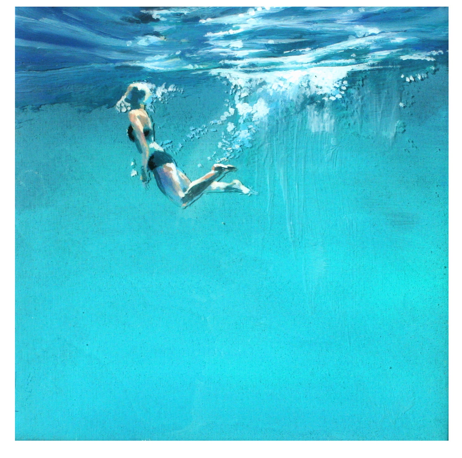 Silent Swimmer .  Miniature Art Print on Wood Block  -- 4 x 4 x 1.5"