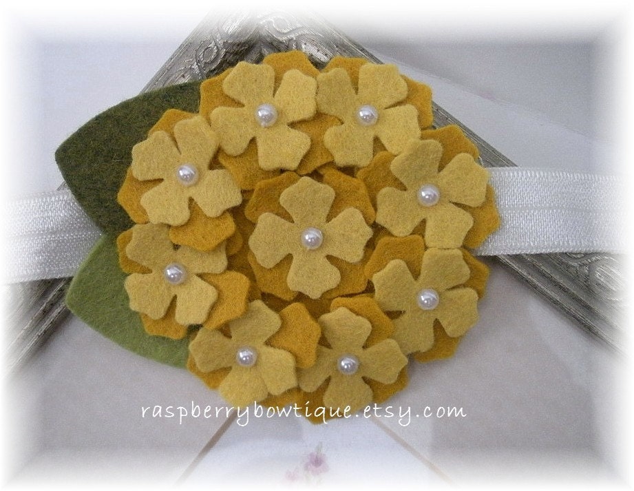 Girl headbands Felt Flower Headband Lilac Hydrangea-Mustard and Ochre-U PICK Headband, or Hair Clip, or Brooch