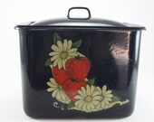 Vintage Black Enamel Ware Metal Refrigerator Pan With Cover Strawberry Detail