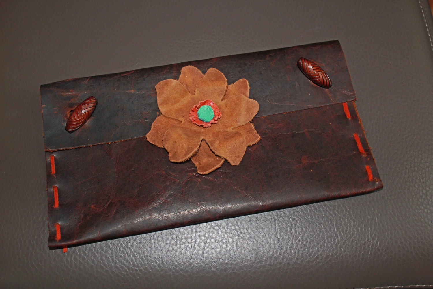 Brown, Carmel, Orange and Turquoise Leather Flower Clutch Handbag