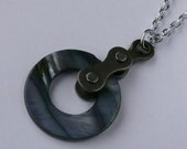 Cycling Pendant bicycle chain circle dark grey blue shell bike jewelry