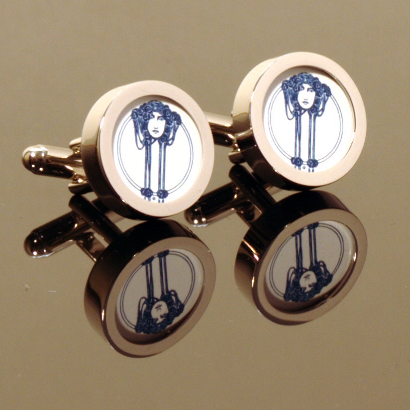 Art Nouveau Woman Cufflinks with Flowing Hair