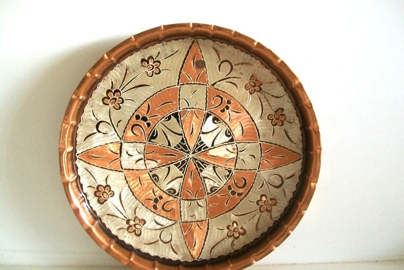 Vintage Etched Copper Folk Art Wall Hanging, Home Decor