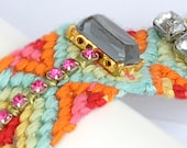 Friendship Rhinestones Bracelet Multi Colors Cuff Hand Sewn Summer Collection Jewelry Mixed Media Macrame Accessories for her