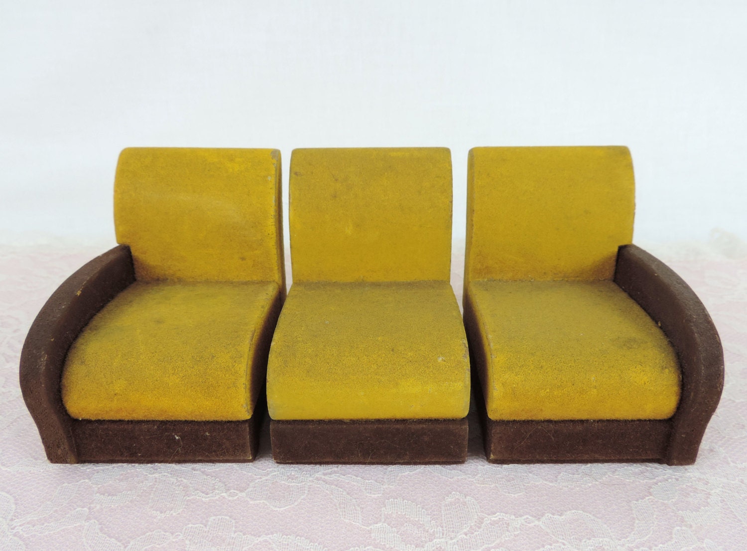 Vintage Dollhouse Furniture Antique Sectional Sofa Couch Wooden Brown and Tan
