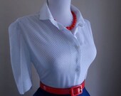 Sexy Vintage 1960s Blue and White Polka Dot Short Sleeve Button Down Blouse Top