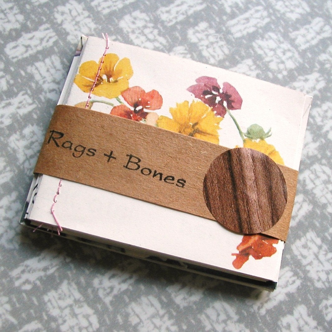 Set of 5 Mini Blank Note Cards - Flowers and Cake - Gift tags with Envelopes,  Recycled Paper, Upcycled Books