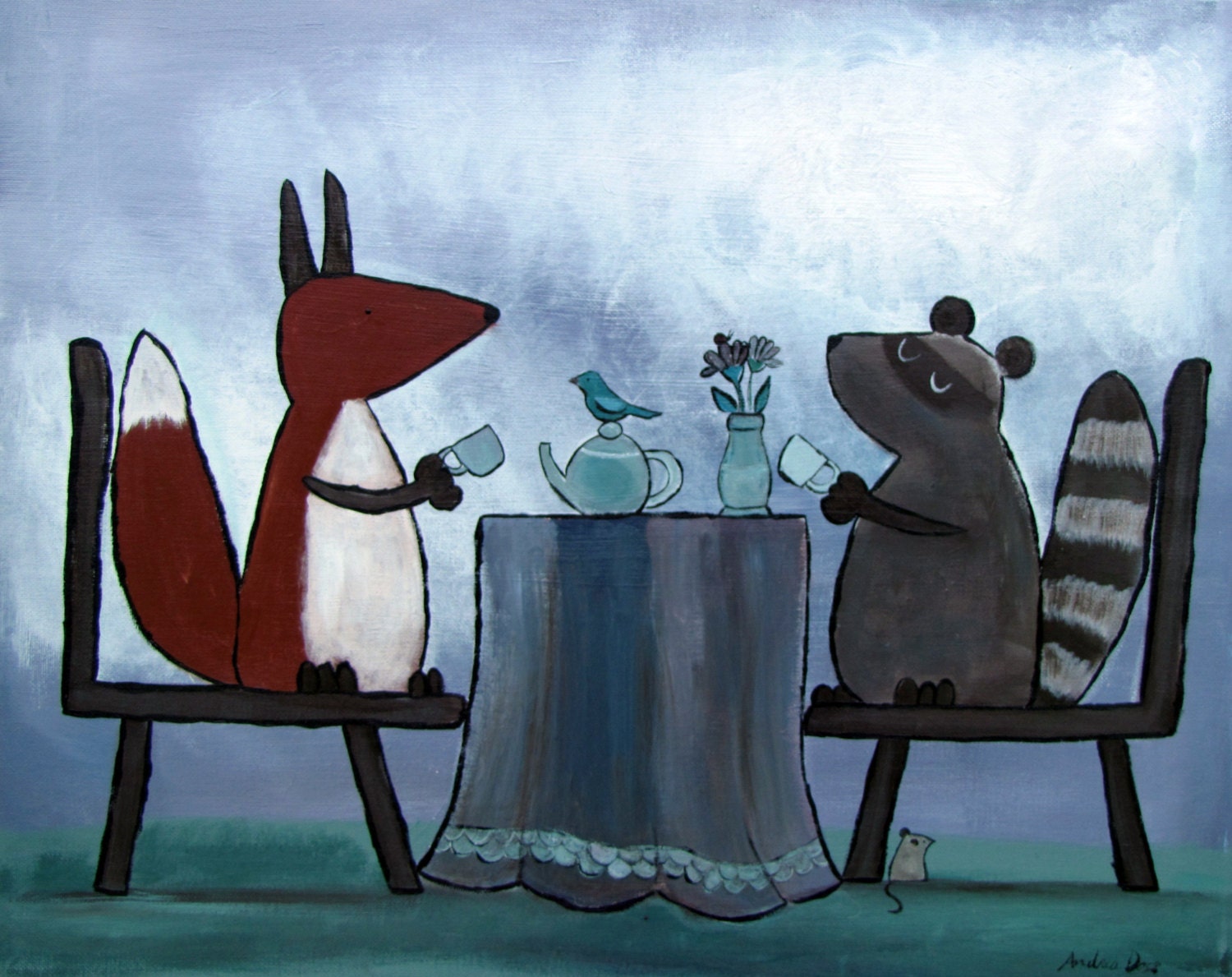 Tea party painting original woodland art children decor