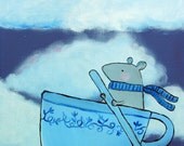 Kids Wall Art, Nursery Painting, Storybook Mouse in Teacup Boat