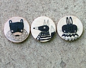 Set of Three Hand Drawn Whimsical Animal Magnets, Original Art by Andrea Doss