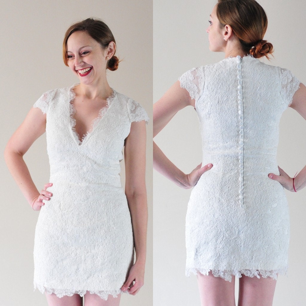 Teresa-City Bride-Custom V neck Cap Sleeves Short Lace Wedding dress Gown-detachable skirt can be added