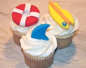 Fondant cupcake toppers Shark fin , Beach Pool Party, Surfboard