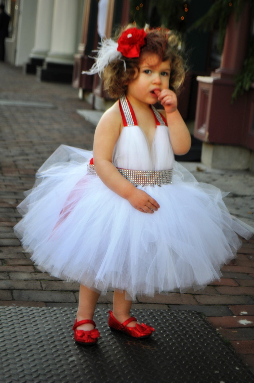 Vintage Glam - Marilyn Monroe style Tutu Dress, Flower Girl Dress, Winter Wedding, White Tutu Dress, Halter Dress with rhinestone BLING
