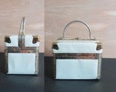 60s Ivory White Box Purse . Boarding School Vinyl Brass Lunchbox