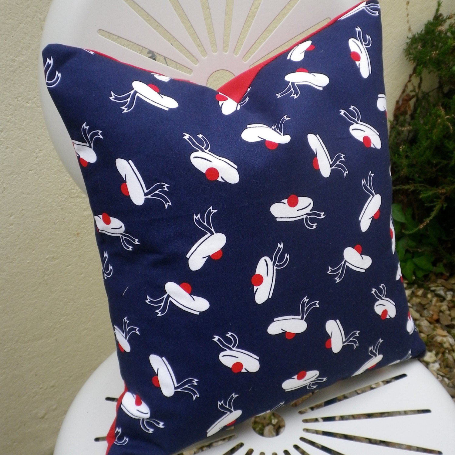 Vintage 1960s Nautical Navy Red White Sailor Beret Fabric Cushion Pillow