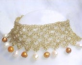 Bridal Jewelry / Crochet Fine Silver Handmade Lace - Gold Ivory Pearls Choker / short necklace