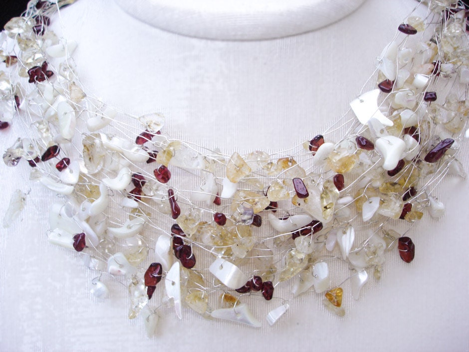 Wedding Necklade, White Yellow Wine Red gemstones, Summer Weddings, Natural Gemstone Jewelry, Bohemian Silver Wire wrapped Romantic Heirloom