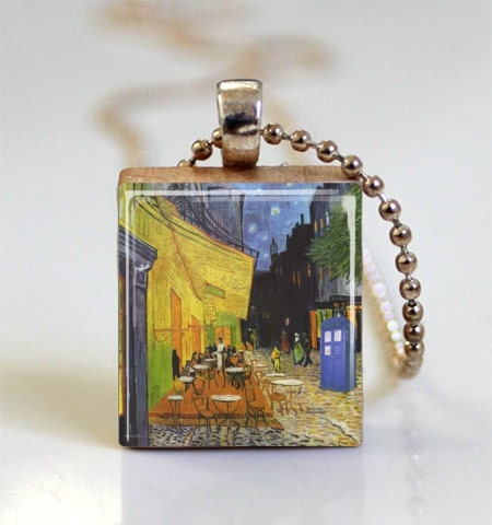Doctor Who Tardis Necklace Blue Police Box Van Gogh Cafe Terrace at Night Scrabble Tile Pendant with Ball Chain Included (ITEM S119)