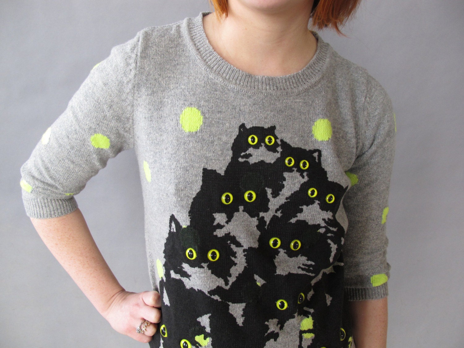 Gray and Lime Polka Dot Crazy Kitty Sweater. Large