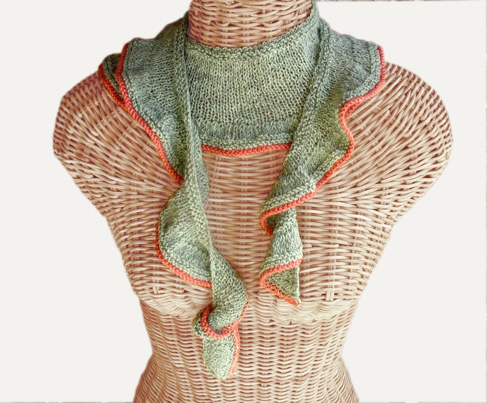 Hand-knit Ruffled Scarflette in Sage with Peach Trim