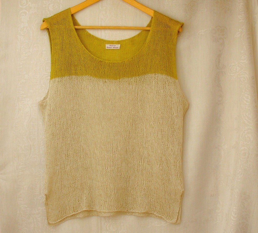 Hand-knit Linen Rayon Tank Natural and Chartreuse