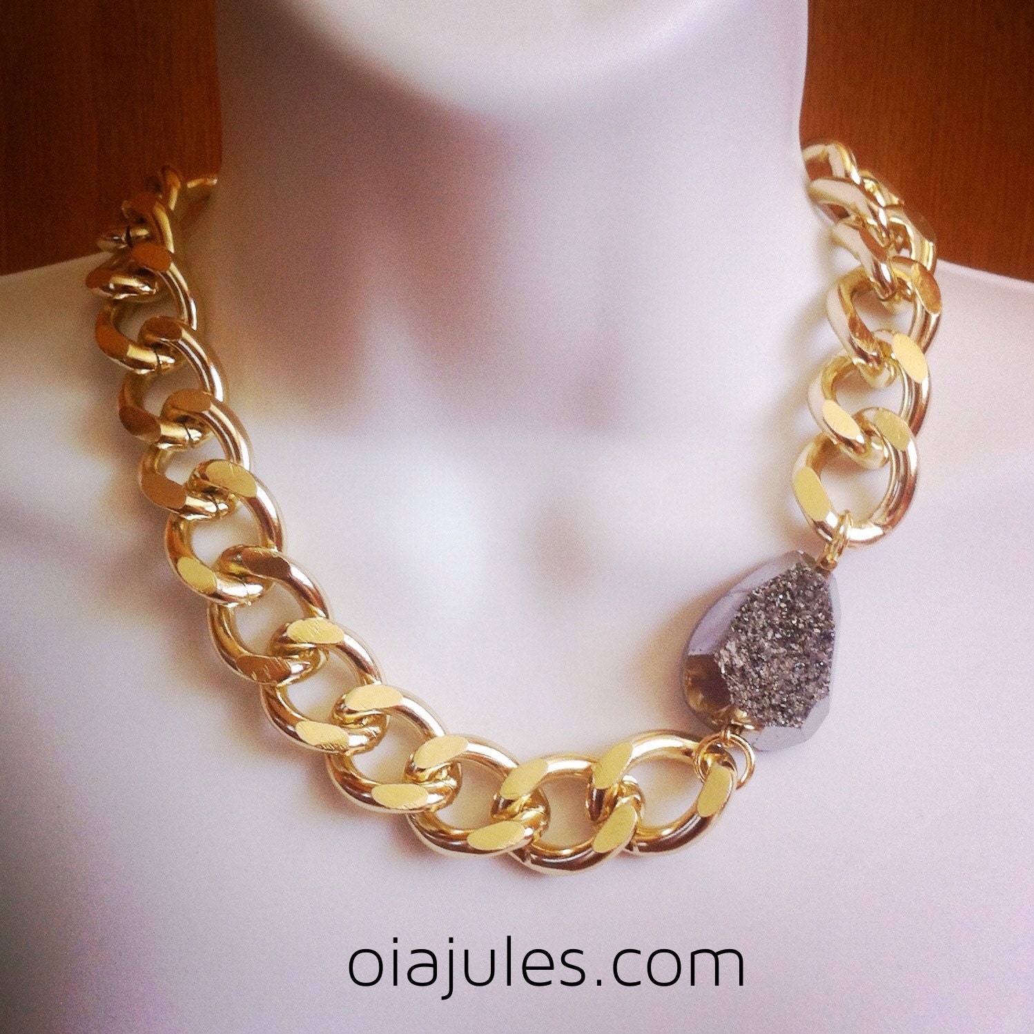 Chunky Gold Chain and Silver Druzy Necklace