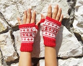 Red and Cream Fair Isle Fingerless Gloves in Wool
