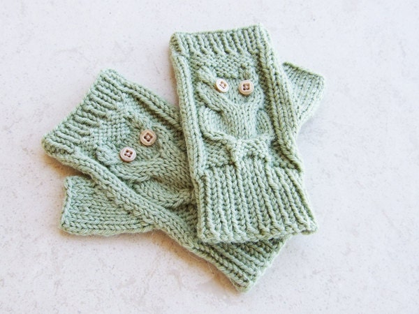 Olive Green Owl Fingerless Mittens in all natural Wool Alpaca