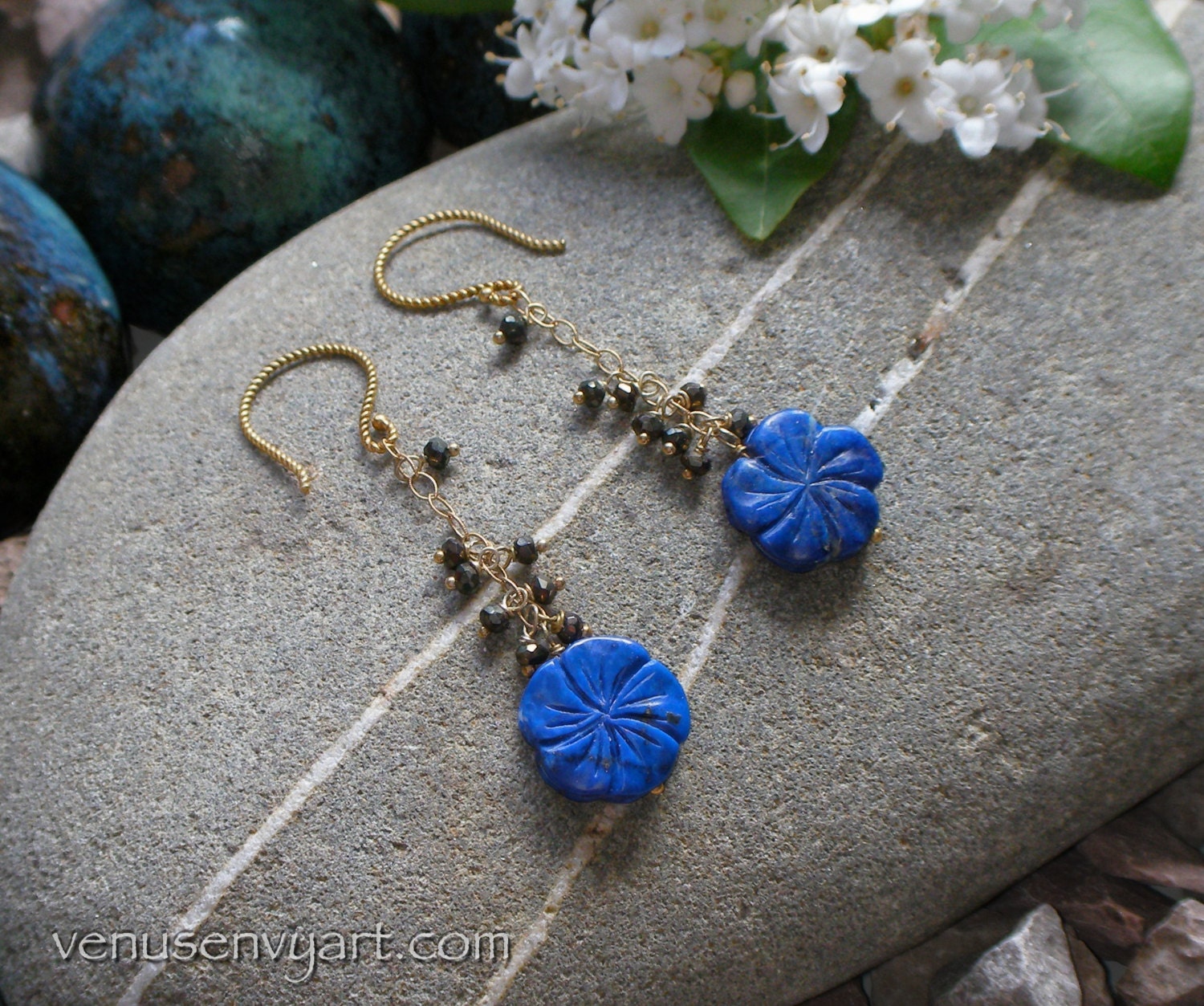 Lapis Lazuli Carved Flower, Clustered Pyrite, 14KGF Chain Dangle Earrings
